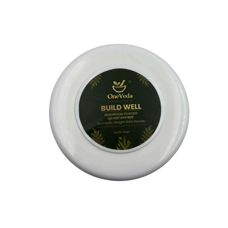 OneVeda Build Well – Ayurvedic Weight Gain Mushroom Powder, 100% Plant-Based | 15 Ayurvedic Herbs | Safe for Daily Use
