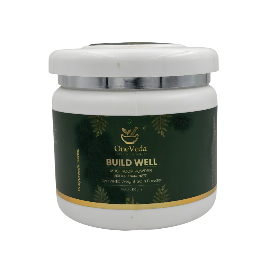 OneVeda Build Well – Ayurvedic Weight Gain Mushroom Powder, 100% Plant-Based | 15 Ayurvedic Herbs | Safe for Daily Use